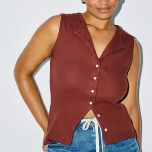 Summer Away Anzio Top Sleeveless Button Front Waffle Knit Cotton Blend Brown L